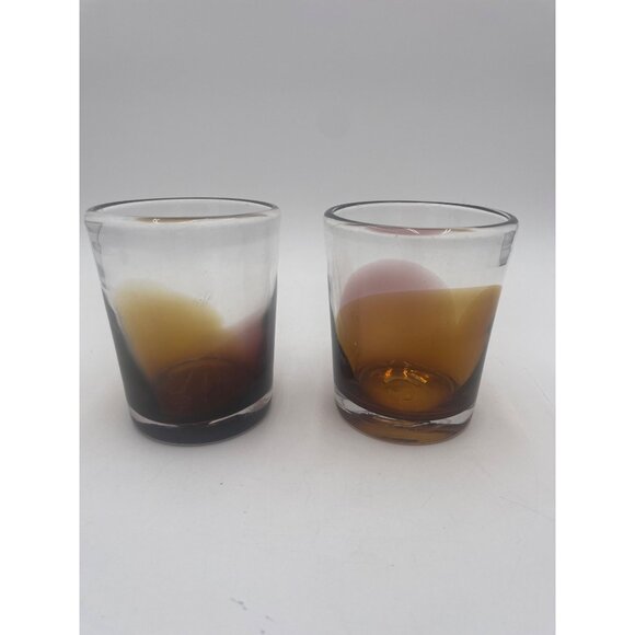 Pair Of Hand-Blown Glass Tumblers With Unique Swirl Design & Amber Hues - Picture 1 of 3